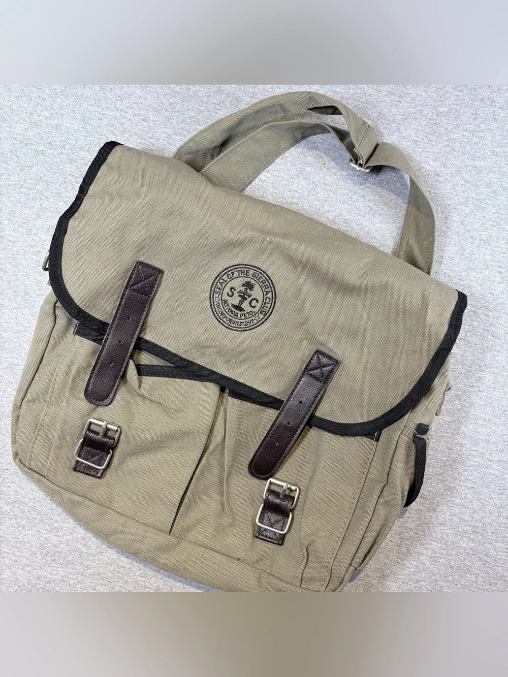 Vintage Sierra Club Messenger Bag With Leather Buckle Straps Olive Crossbody